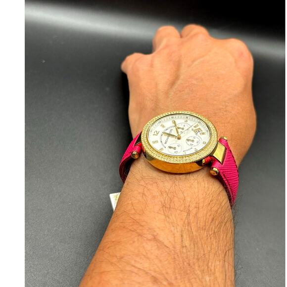 Michael Kors Parker MK2297 Crystal Chronograph Pink Leather Watch NWT main image 16